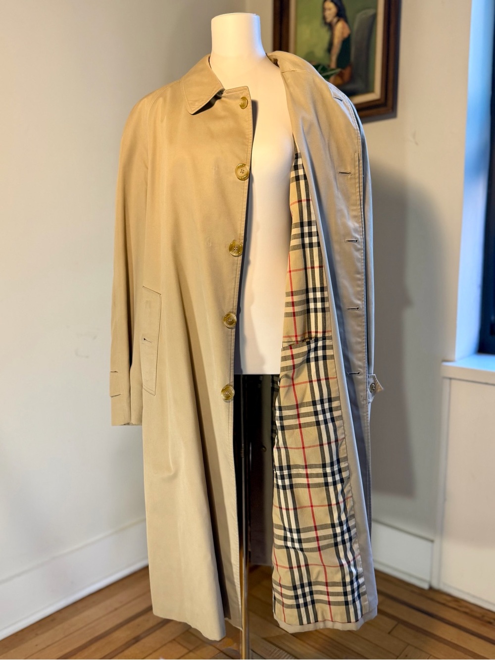 Vintage Burberrys Balmacaan Trench Rain Coat Nova Check Lining Khaki 42R 90s XL